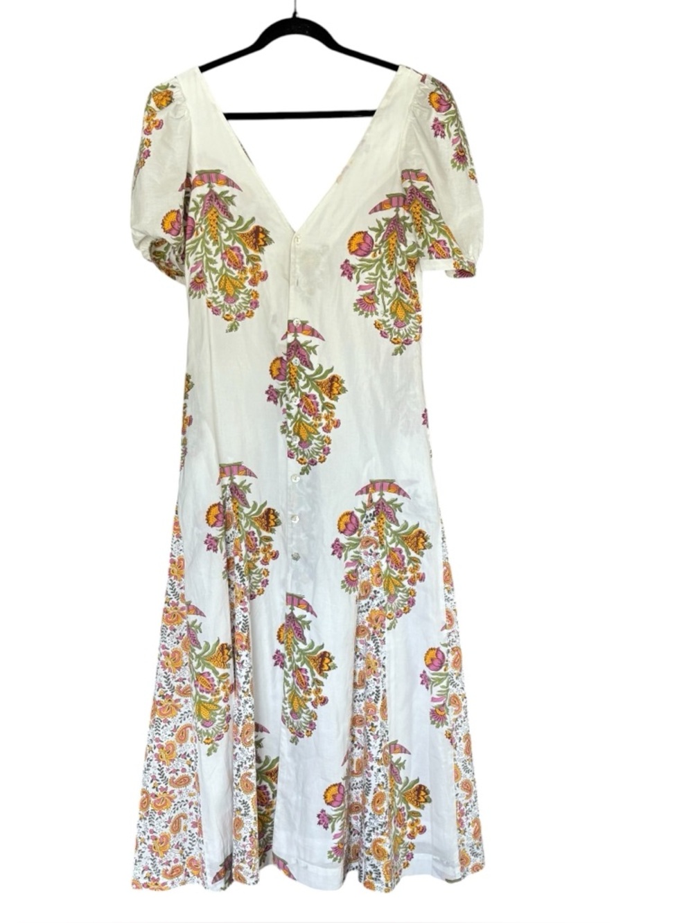 Alix of Bohemia Bianca Belle Hand-Printed Floral Midi Dress Small White Pink - Picture 3 of 10